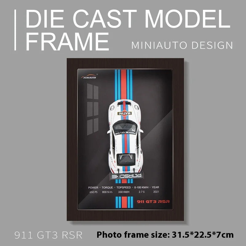 Framed 3D die-cast 911 GT3 RSR white model car with racing stripes on gray background