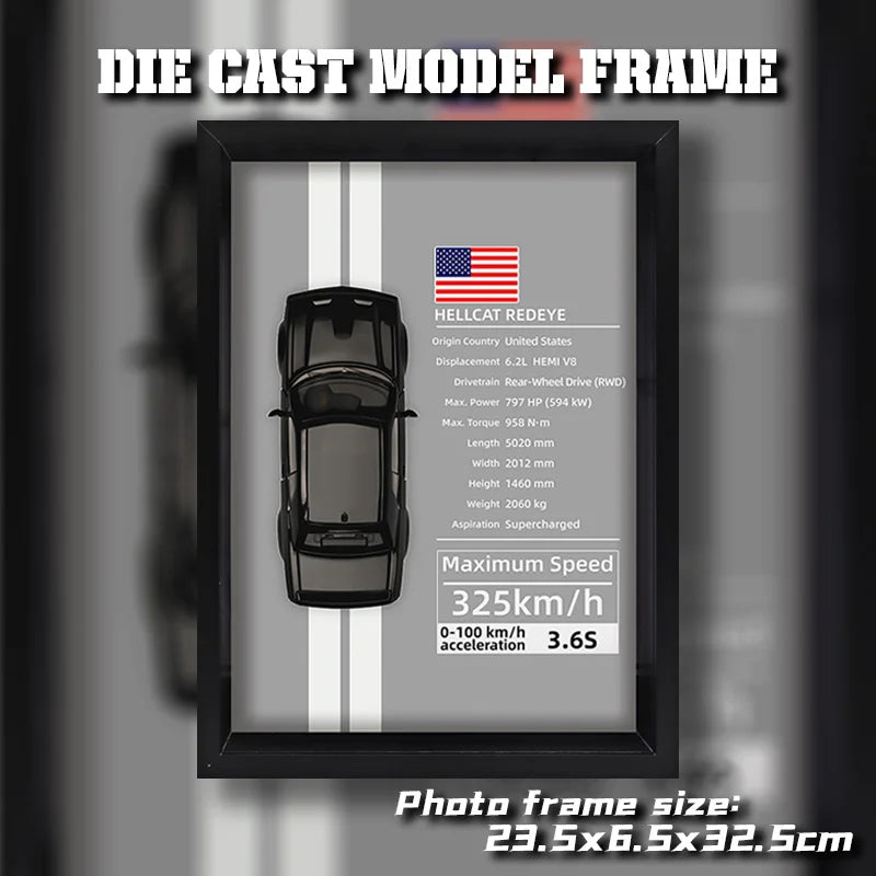 Framed 3D die-cast Hellcat Redeye model car on gray background