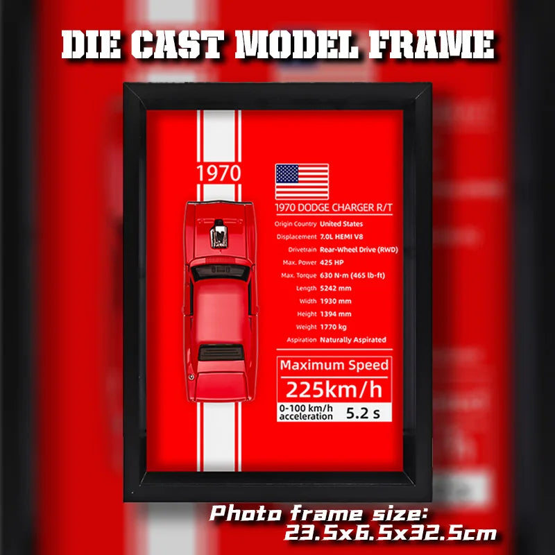 Framed 3D die-cast 1970 Dodge Charger R/T red model car on red background