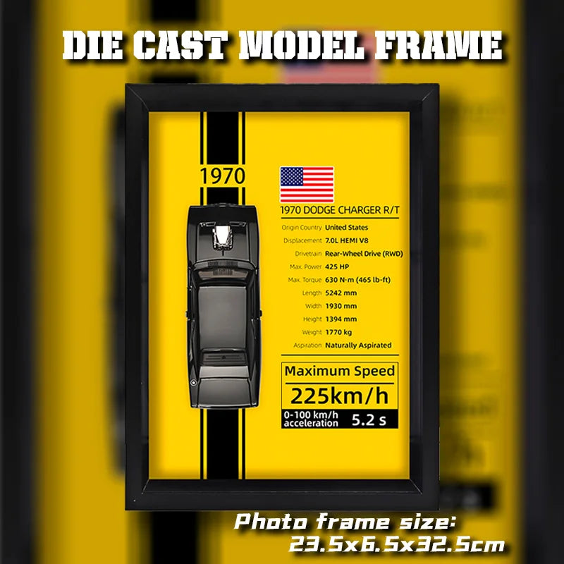 Framed 3D die-cast 1970 Dodge Charger R/T model car on yellow background