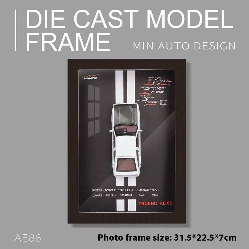 Framed 3D die-cast Trueno AE86 white model car on gray background