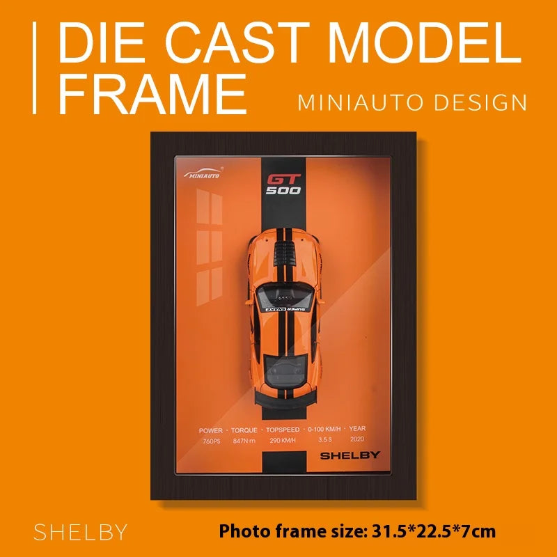 Framed 3D die-cast Shelby Mustang GT500 orange model car on orange background
