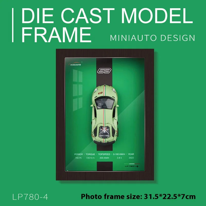 Framed 3D die-cast LP780-4 green model car on green background
