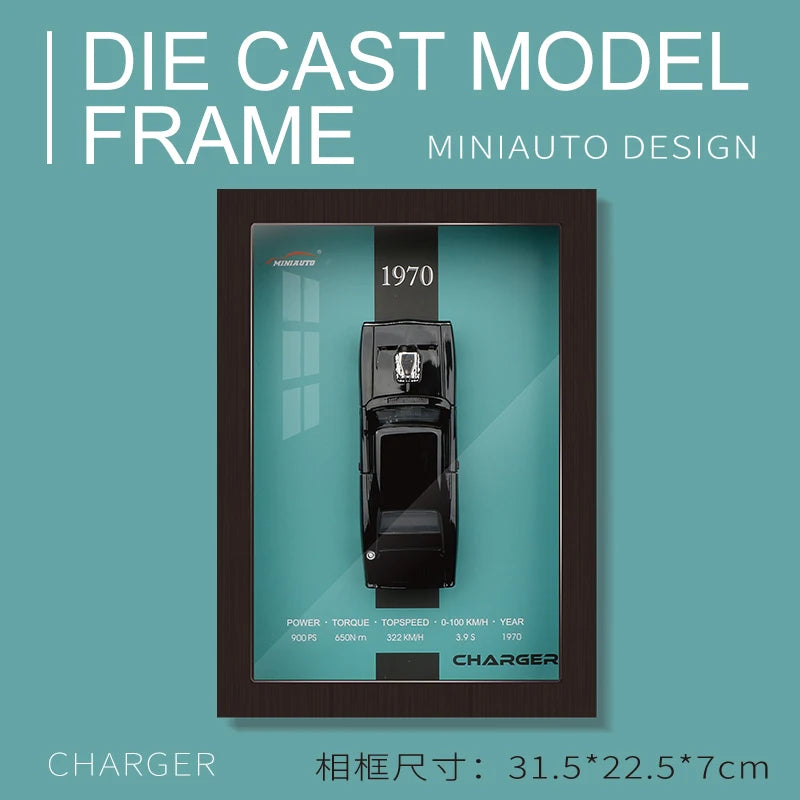Framed 3D die-cast 1970 Charger black model car on teal blue background