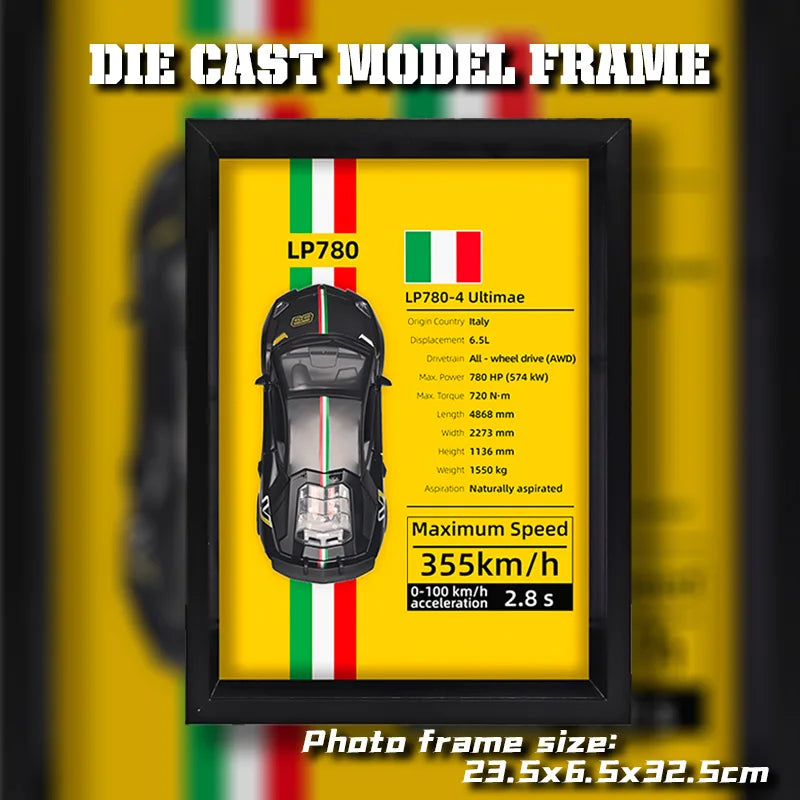 Framed 3D die-cast LP780-4 black model car on yellow Italian-themed background