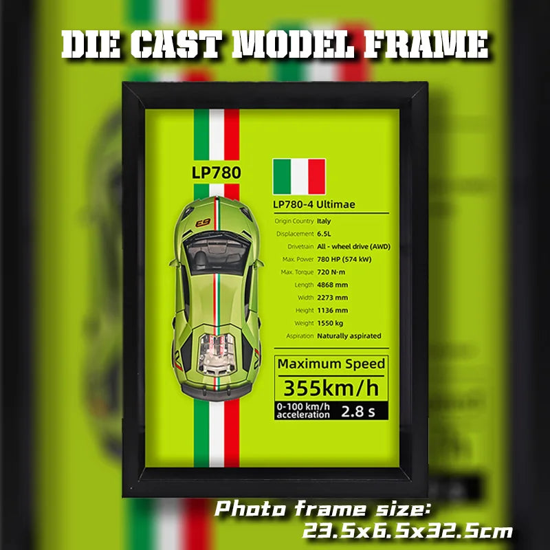 Framed 3D die-cast LP780-4 model car on green Italian-themed background